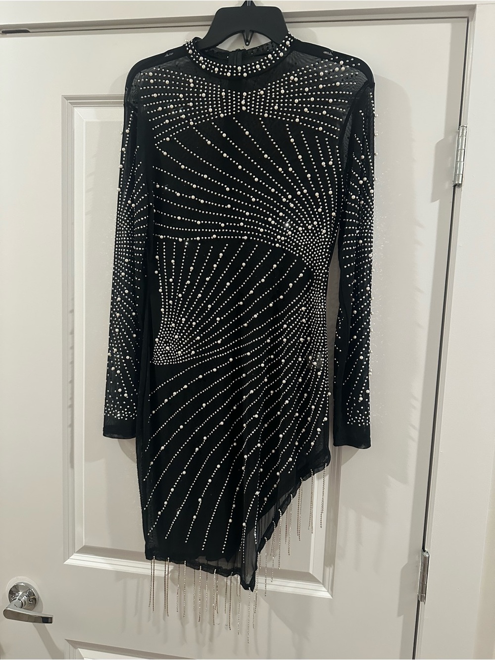 Black Embellished Sheer Long-Sleeve Asymmetric Dress